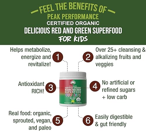 Miniatura 2 de Superalimento en polvo para niños Verdes y Rojos. Jugo orgánico vegano súper alimenticio de mejor sabor con más de 25 frutas y verduras reales.