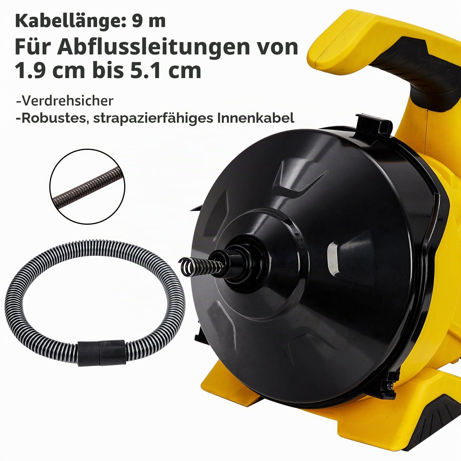 Reinigungsspirale Akku-Rohrreiniger 9m, Automatische Elektrischer Abflussreiniger für 20-60mm Rohrverstopfungen Verwende, Kabel in Klavierdraht, mit Fußschalter, für Waschbecken/Toiletten/Bodenabläufe
