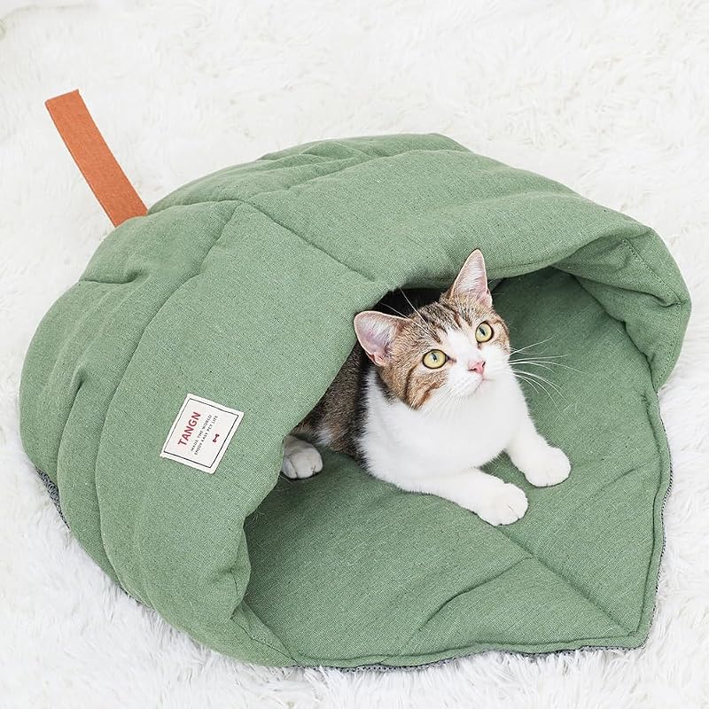 Cat Sleeping Bag Cave Bed with Non-Slip Bottom (Leaf Green) | Comfortable Linen Fabric, Non-stick Hair, Felt Handle, Washable, Suitable Size for Most Cats and Puppy, Durable Pet Nest