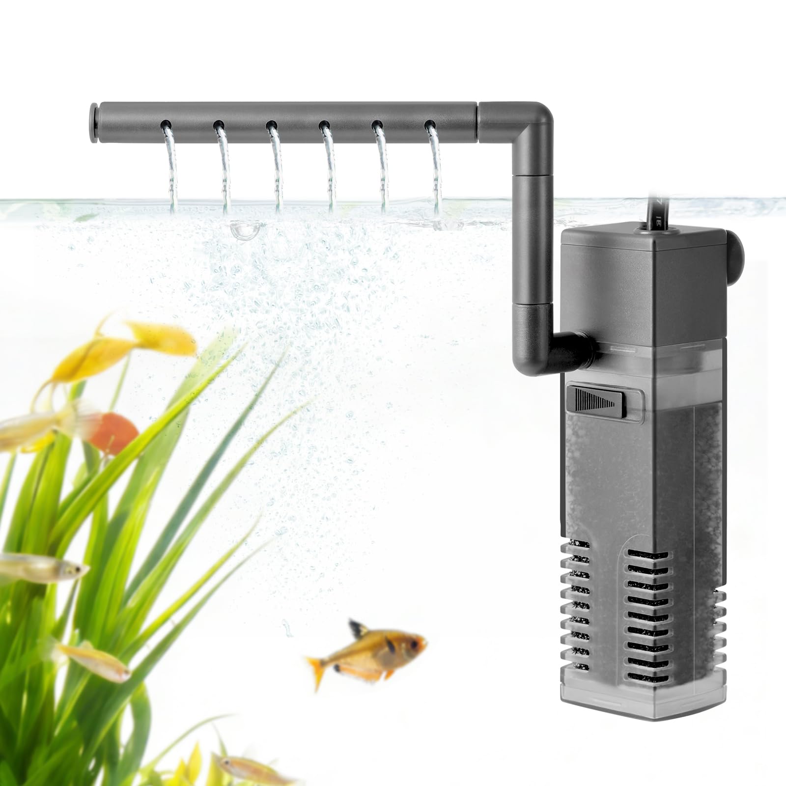 PYPABL Submersible Fish Tank Internal Filter, Mini Aquarium Filter with Water Pump for up to 75L Fish and Shrimp Tank(4W for 10-75L Tank)