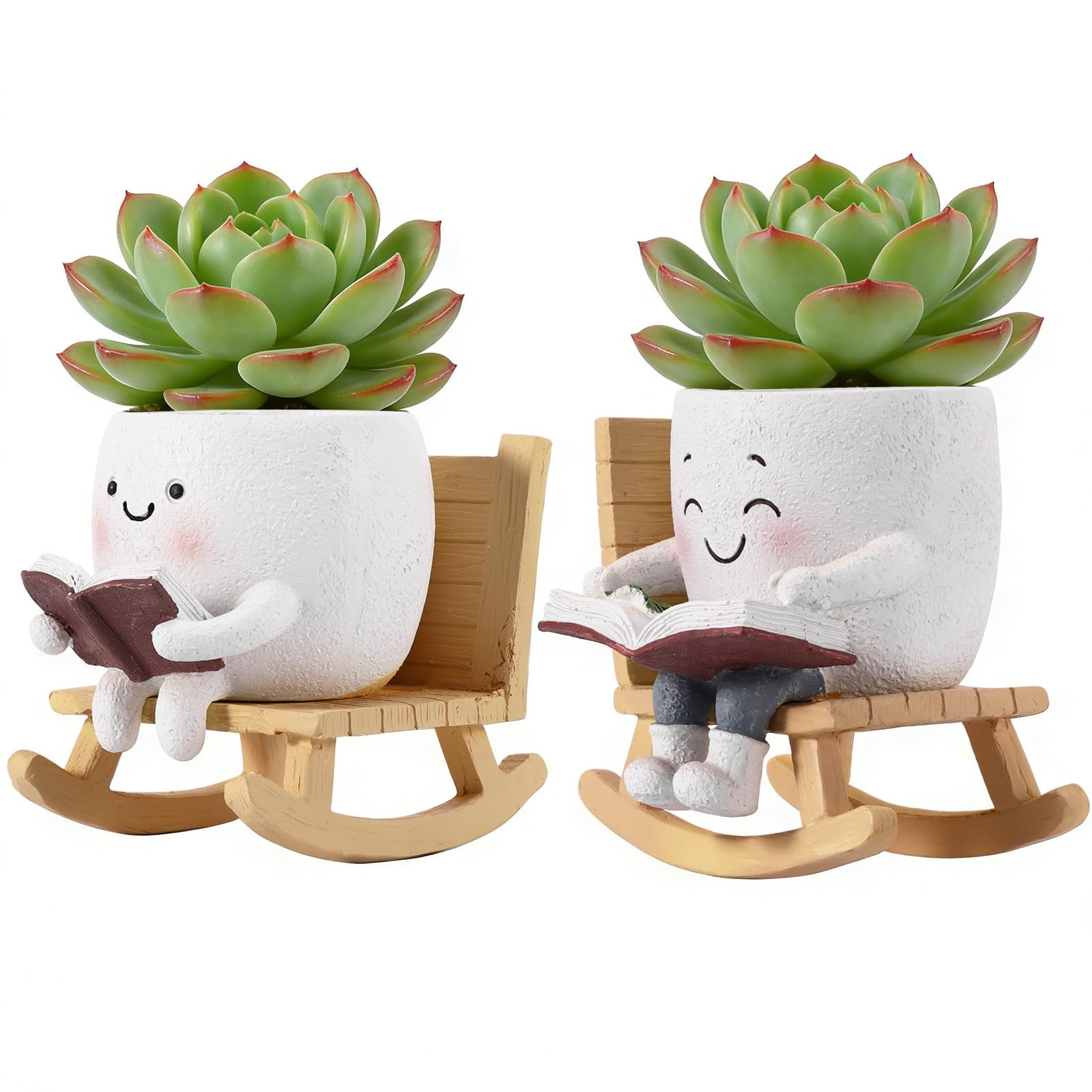 Pot de fleur visage en resine Houkiper avec coupelle bambou amovible