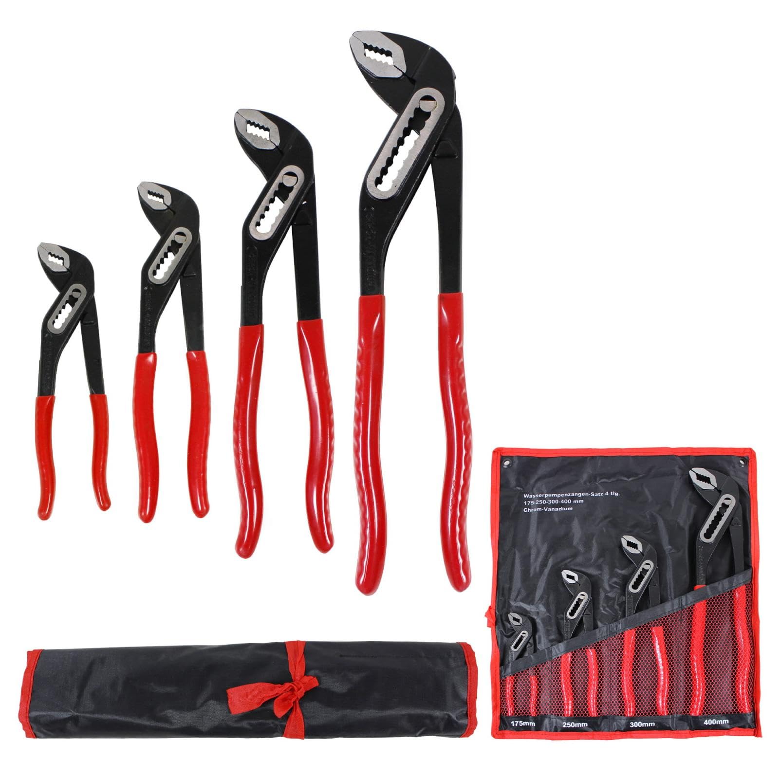 Szczypce do pomp wodnych pojedynczo lub w zestawie · zestaw 4 szt. 175 mm 250 mm 300 mm 400 mm · Wytrzymałe szczypce do precyzyjnego chwytania i trzymania · Idealne do armatury i prac rurowych