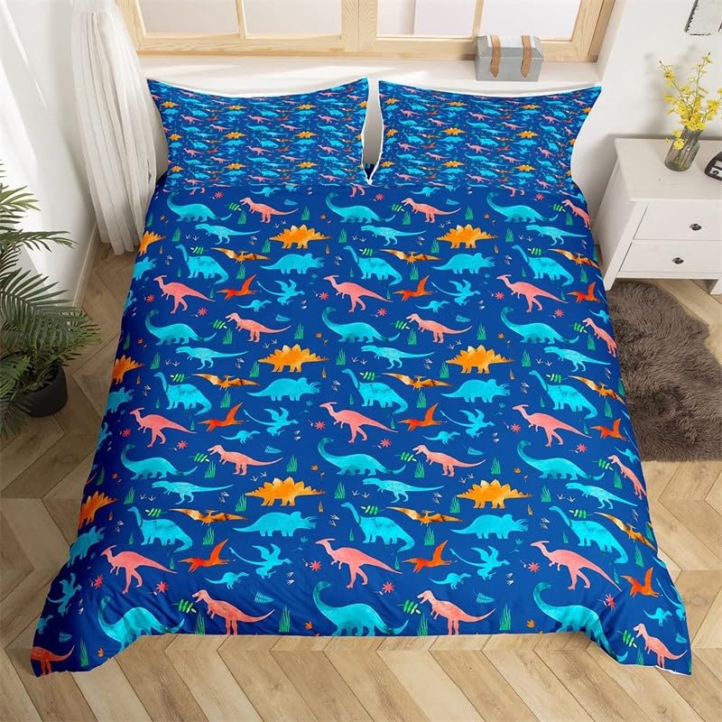 Housse de Couette 200x200 Enfants Dinosaures Bleus, Ensemble de Literie pour Adulte Enfant avec Fermeture Éclair, Parure de Lit 2 Personnes en Microfibre avec 2 Taie d'oreiller 65x65 cm