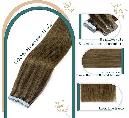 Miniatura 2 de Extensiones de cabello humano con cinta, color marrón oscuro degradado a castaño castaño real, extensiones que hacen que el cabello sea más completo