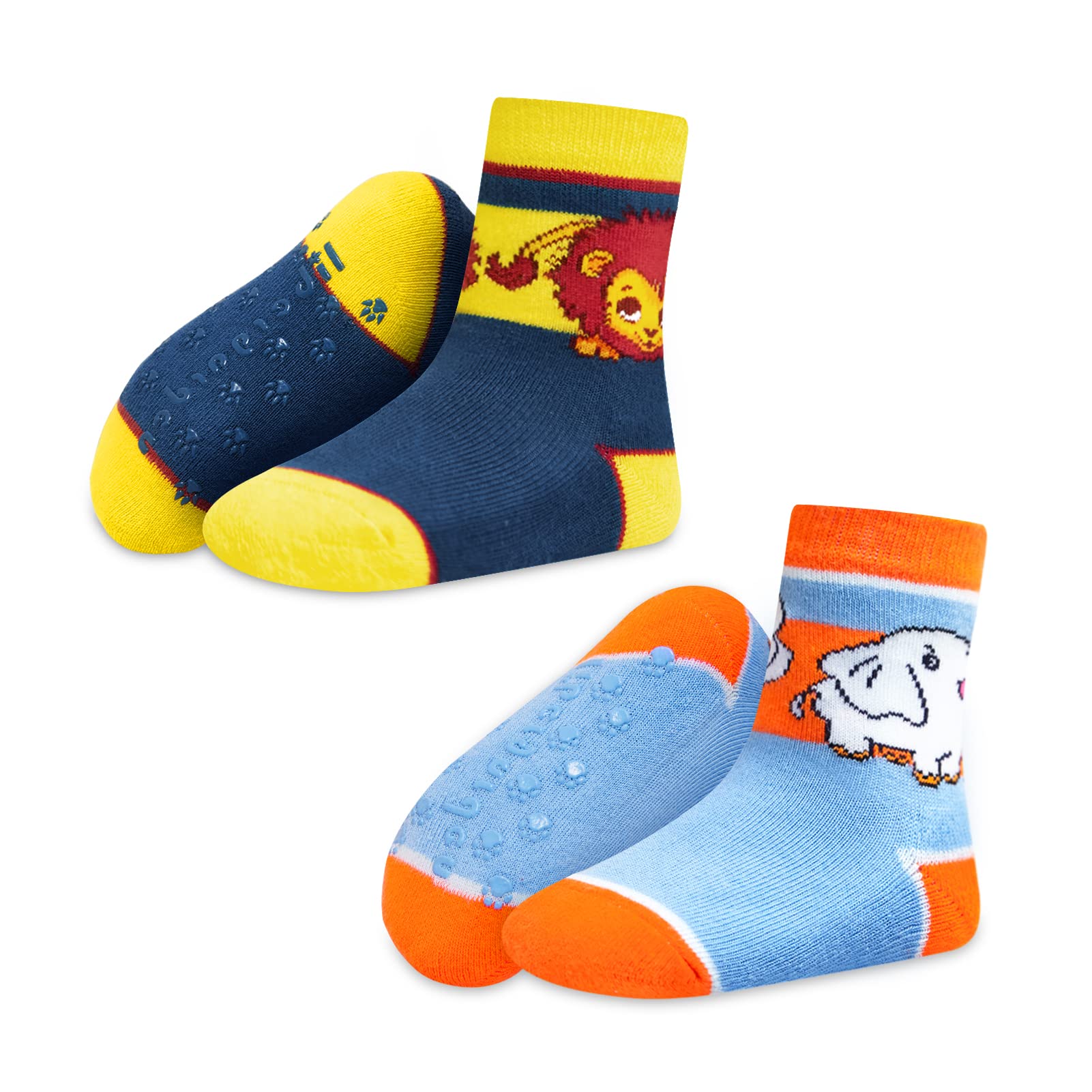 libergarden 2 Pairs Non Slip Grip Baby Ankle Socks for 12-36 Months with Non Skid Soles for Infants, Toddler, Boys and Girls (Elephant & Lion Pattern), Multicolor, 1-3 years