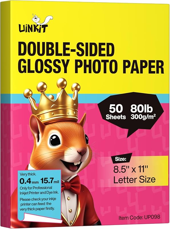 Uinkit 8.5x11 Thick Glossy Photo Paper Double Sided Cardstock 300gsm 80lb 15.7Mil – Inkjet Brochure Paper for Greeting Cards, Calendars, Menus | Dye Inkjet Printer (Glossy, 8.5x11''x50)