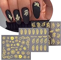 Vista 2 de Calcomanías doradas para arte de uñas, calcomanías de uñas de flores 3D, calcomanías autoadhesivas metálicas para uñas, hojas doradas, suministros