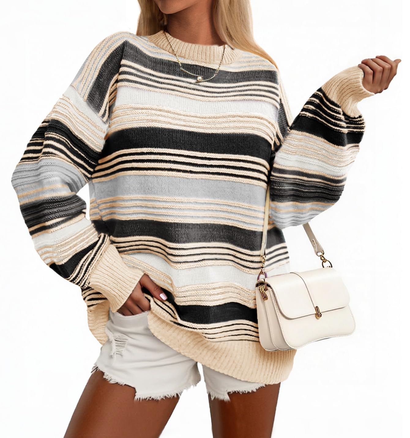 Saodimallsu Womens Striped Sweater Color Block Crew Neck Long Sleeve Fall Colorful Rainbow Knit Loose Pullover Top