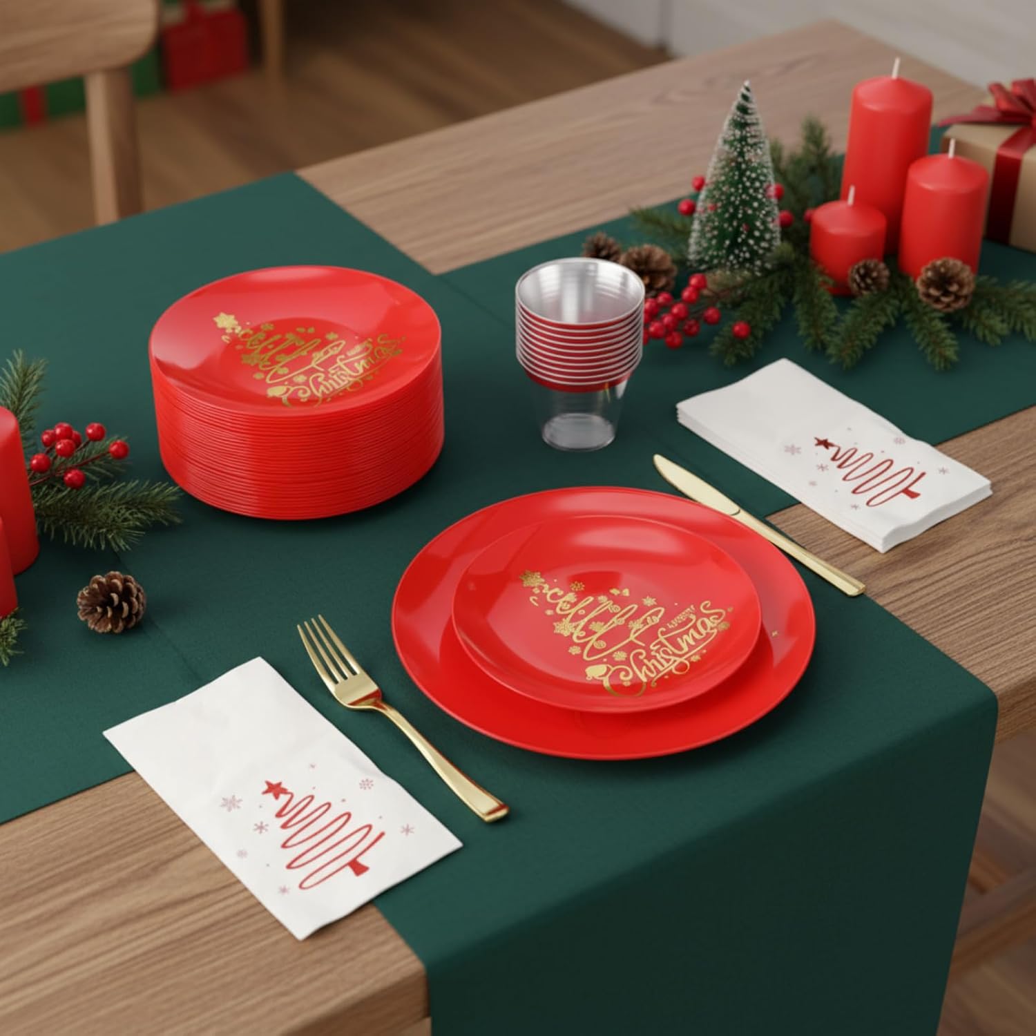 Shellwei Christmas Plastic Dinnerware Set, Xmas Disposable Plates Includes 40 Dinner Plates 40 Cup 40 Dessert Plate 40 Paper Napkins 40 Forks Knives Spoons Supplies for Christmas (Red Gold,Xmas Tree)