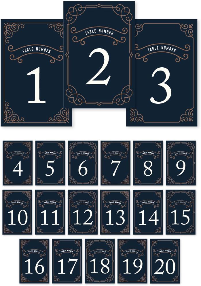 Andaz Press Navy Blue Art Deco Vintage Wedding Table Numbers 1-20, 4x6-Inches Table Number Cards For Wedding Reception Table Number For Seating Chart For Wedding Reception, Restaurant, Boda