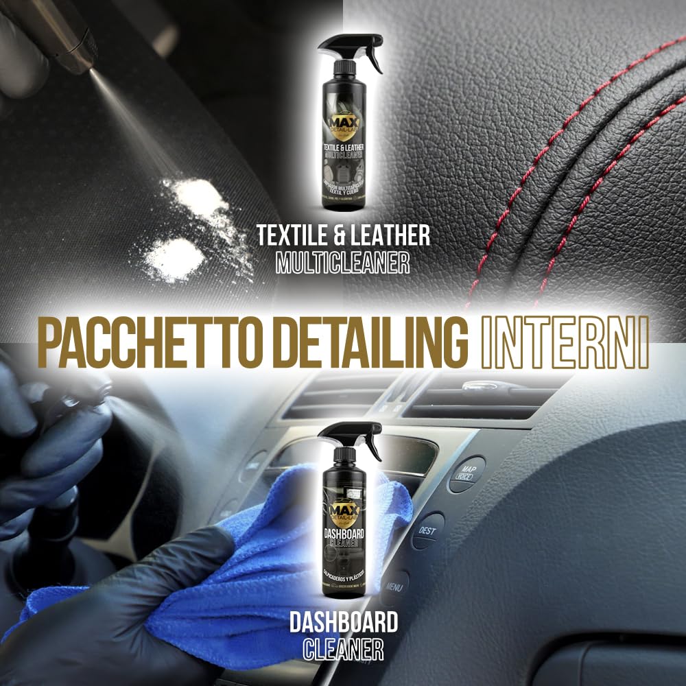 MAX DETAIL-LAB - Detailing Pack - Kit Pulizia Auto con Accessori Lavaggio Inclusi, Prodotti Interni Esterni, Shampoo, Pulitore Cerchi, Sedili, Cera, Vetri, Cruscotto
