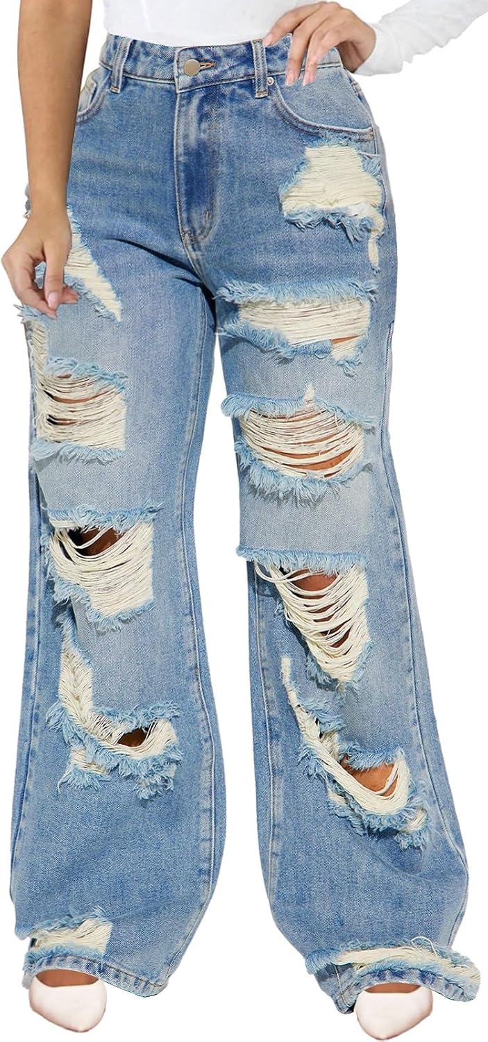 CuteCherry Women Baggy Ripped Jeans Destroyed Wide Leg Retro Denim Pants