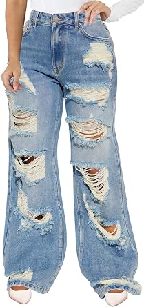 CuteCherry Women Baggy Ripped Jeans Destroyed Wide Leg Retro Denim Pants | Stretchy faux denim pants with ripped details, elastic mid waist & wide frayed legs. Retro style,casual outfits.