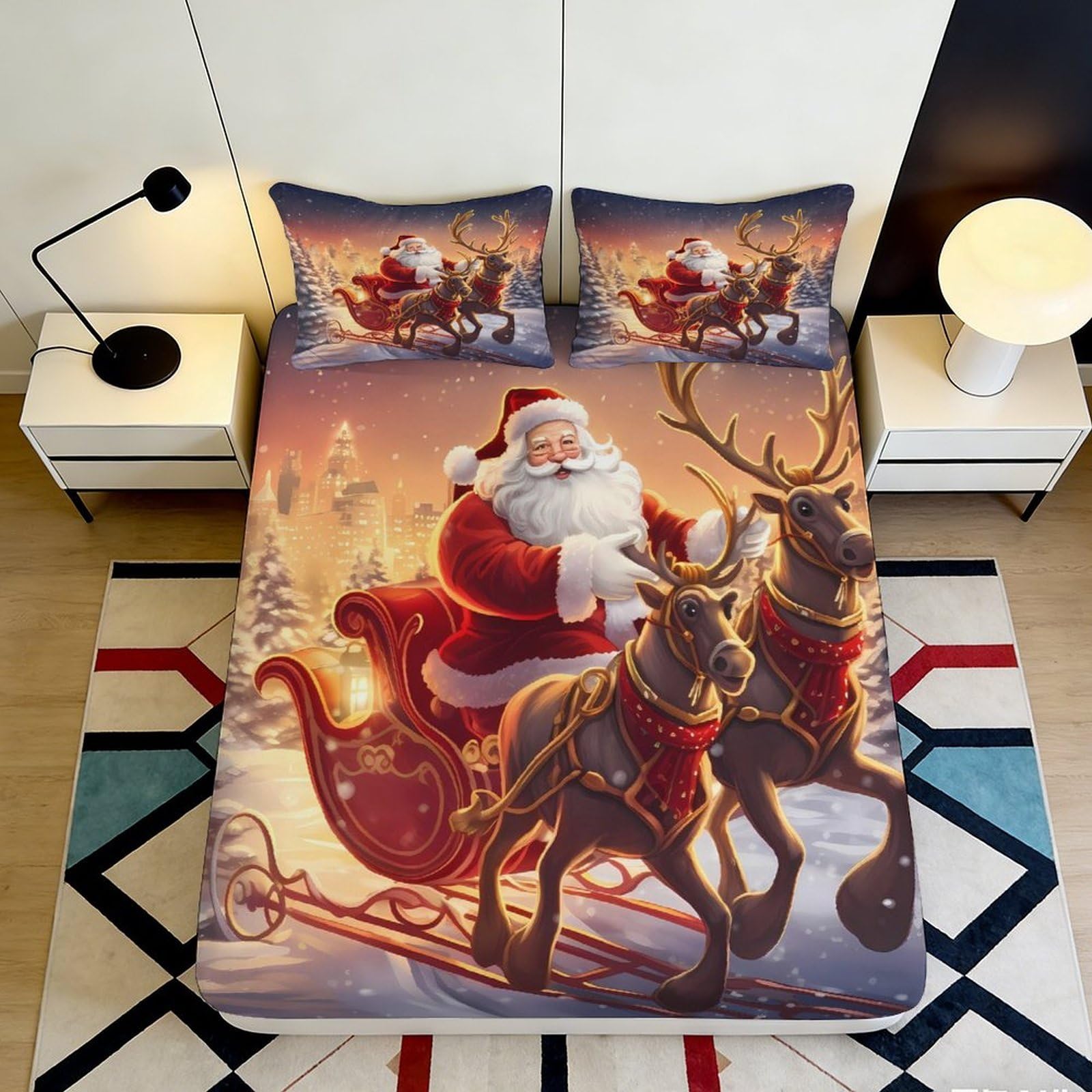 3D Printed Christmas Reindeer Fitted Sheet Microfiber Deep Pocket Bedroom Bedding Santa Claus Mattress Fitted Cover Washable Home 140x200x25cm
