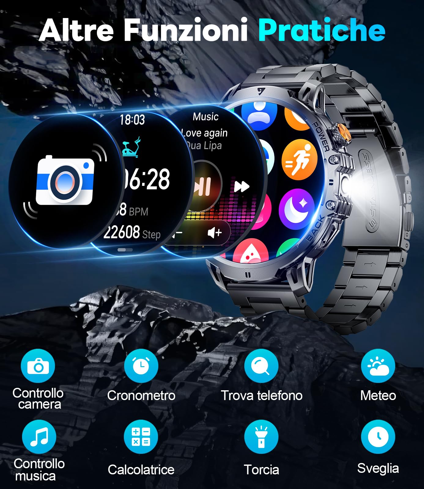 FITFLEX Smartwatch Uomo con Chiamata Bluetooth, 1,85"HD Grande Touch Screen Smart watch con 1000 mAh/luce LED/120 Modalità sportive/Frequenza Cardiaca/Monitor del Sonno/IP68 Impermeabile, Android IOS