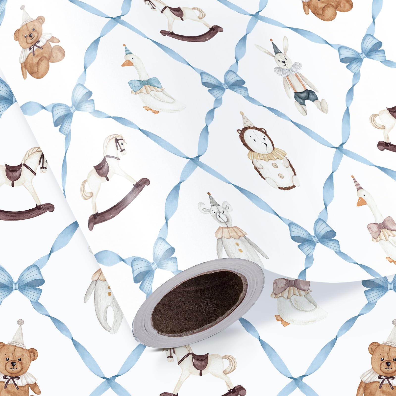 RUSPEPA Toys Baby Boy Wrapping Paper Roll - Mini Roll - 43.2cm x 5m - Toys and Blue Bow Wrapping Paper for Baby Shower, Newborn Celebration, Kids Birthdays, Gender Reveal โ image 1