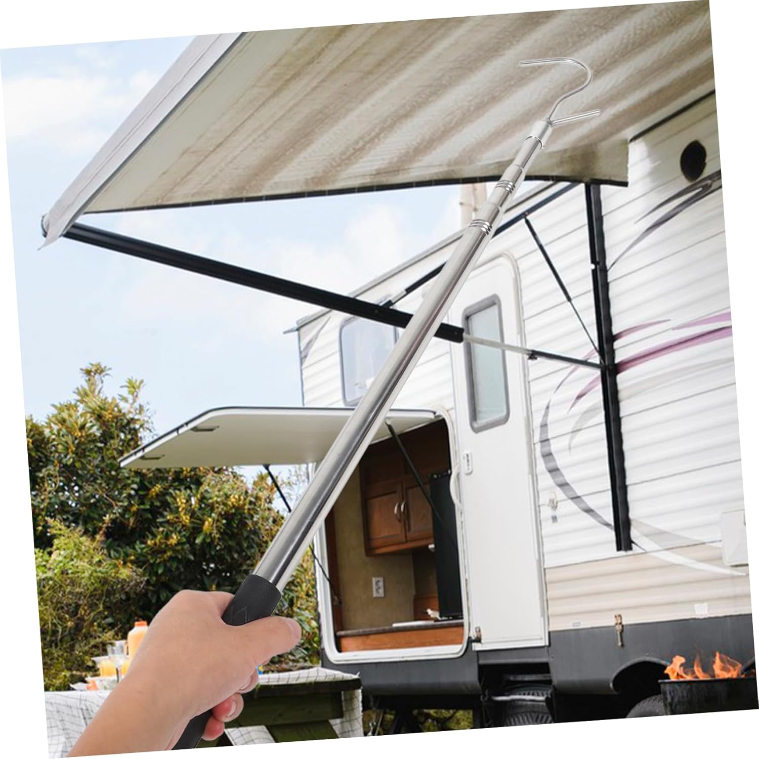 Rv Awning Puller Adjustable Telescoping Rod Portable Awning Opener for Tents Campers and Canopies Compact and Easy to Use Hook Included