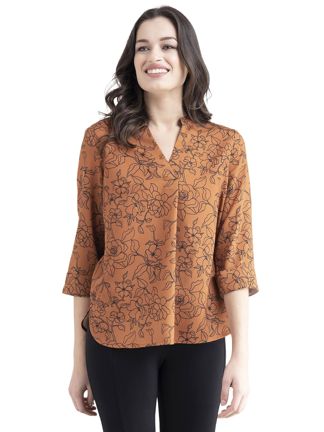 fablestreet Women Formal Top | Relaxed Fit Mandarin V-Neck with Front Pleat Detail & 3/4 Sleeves | Breathable Satin Fabric for Office-picture-15