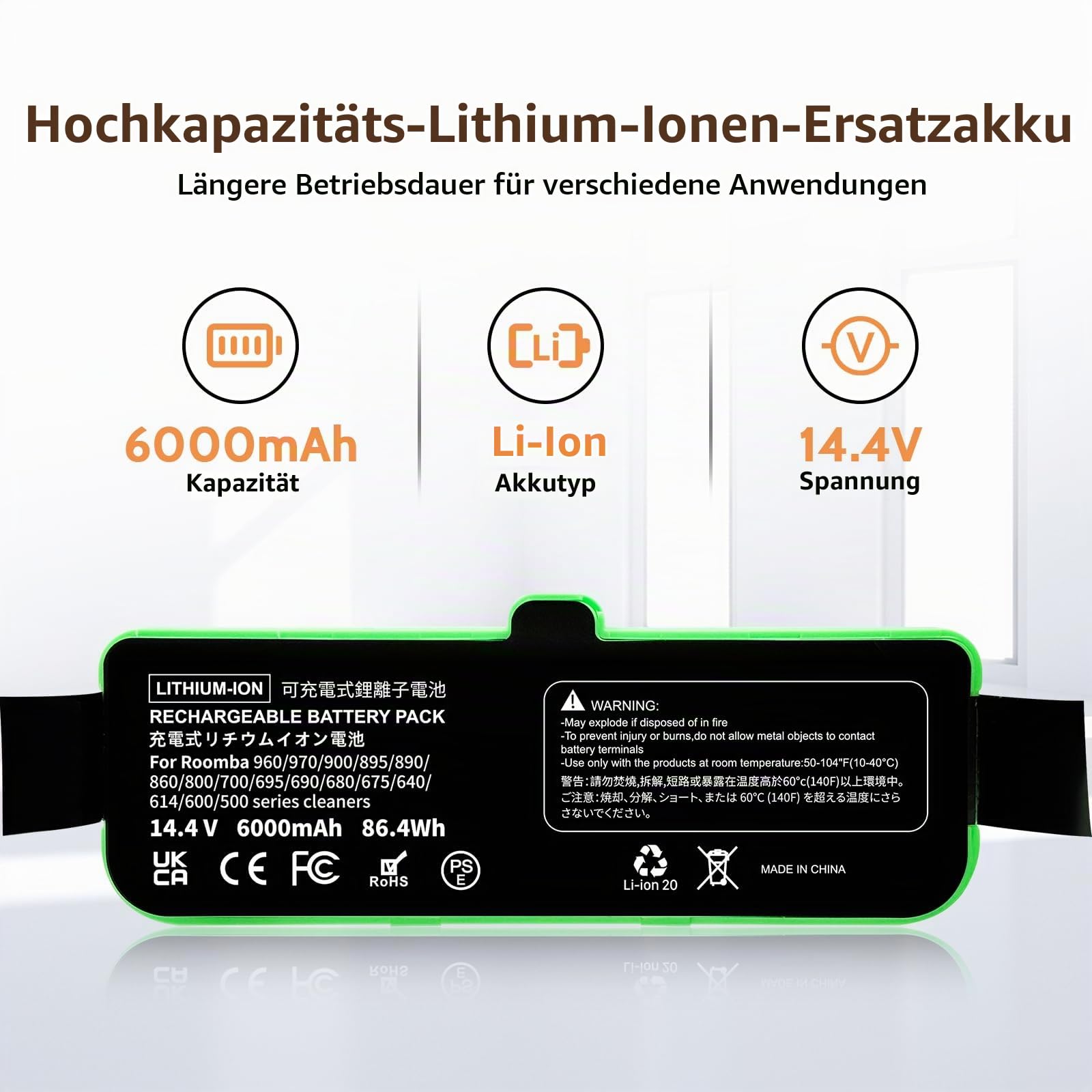 6000mAh Ersatzakku Kompatibel für iRobot Roomba 500 600 600 700 800 900 Serie für Roomba 960 981 970 965 895 891 890 801 805 850 860 695 690 685 680 677 675 671 671 652 670 640 665 614 615