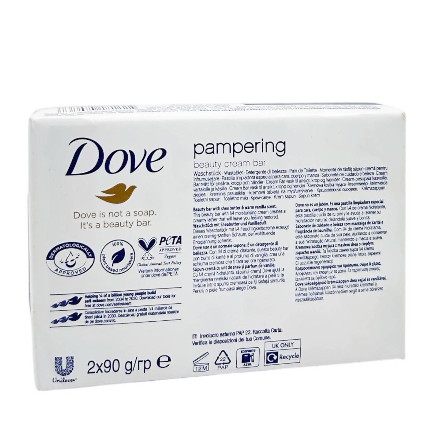 Dove Beauty Cream Bar Coccole Saponetta Solida Idratante Alla Vaniglia E Burro Di Karitè 2X90 Gr 12 Unità