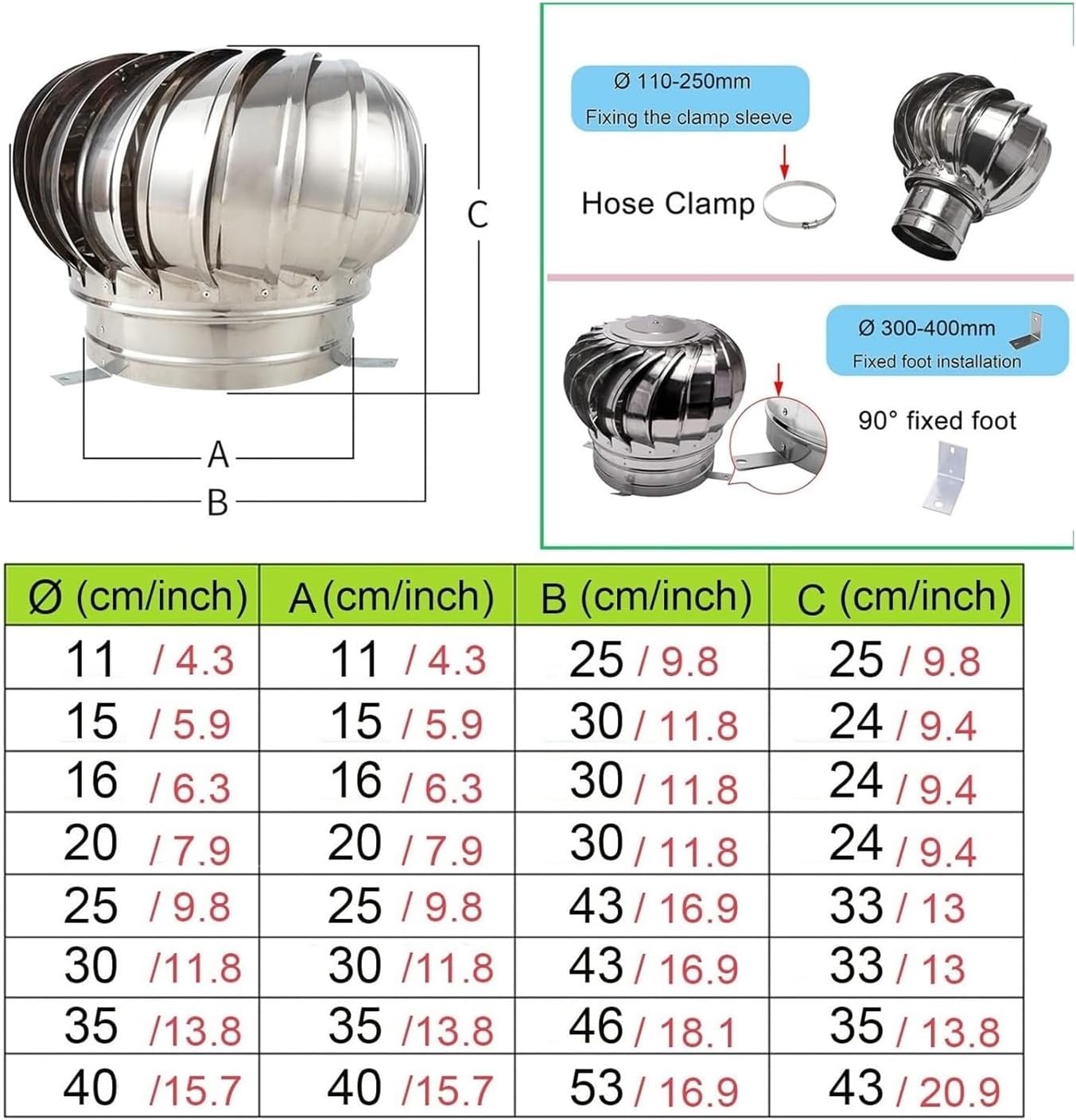 Roof Wind,Stainless Steel Turbine Ventilator Vents Non Power Chimney Cowl Attic Air Vent Outlet Ventilating Fan 4 8 10 12Inch Rotating Roof Vents, No Rust, No Deformation (Size : 11cm)