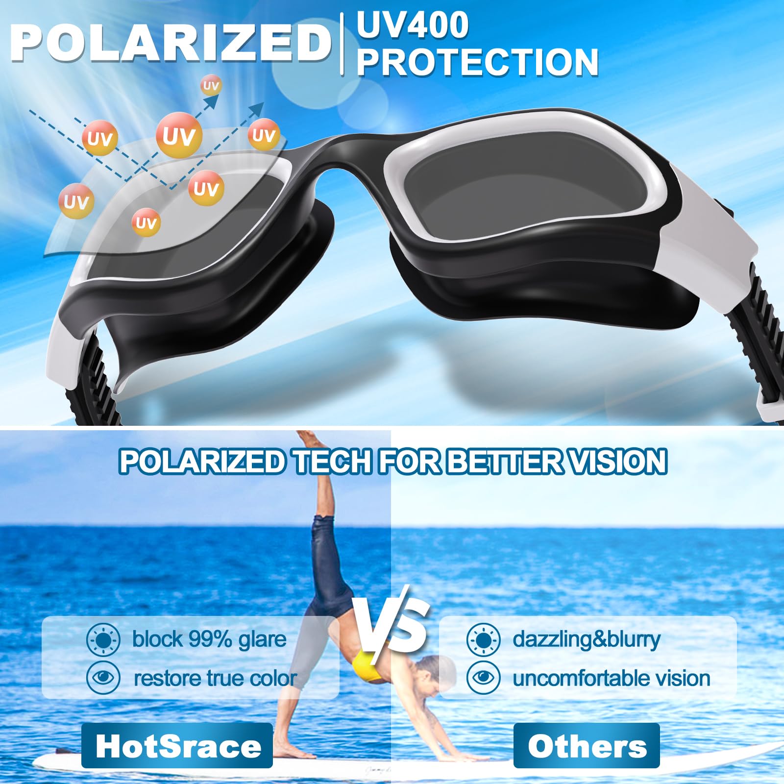HotSrace Occhialini da Nuoto Polarizzati,Occhialini Piscina Protezione UV Impermeabile Anti-Nebbia Comfort Fit per Uomo Donna Unisex Adulto Adolescenti