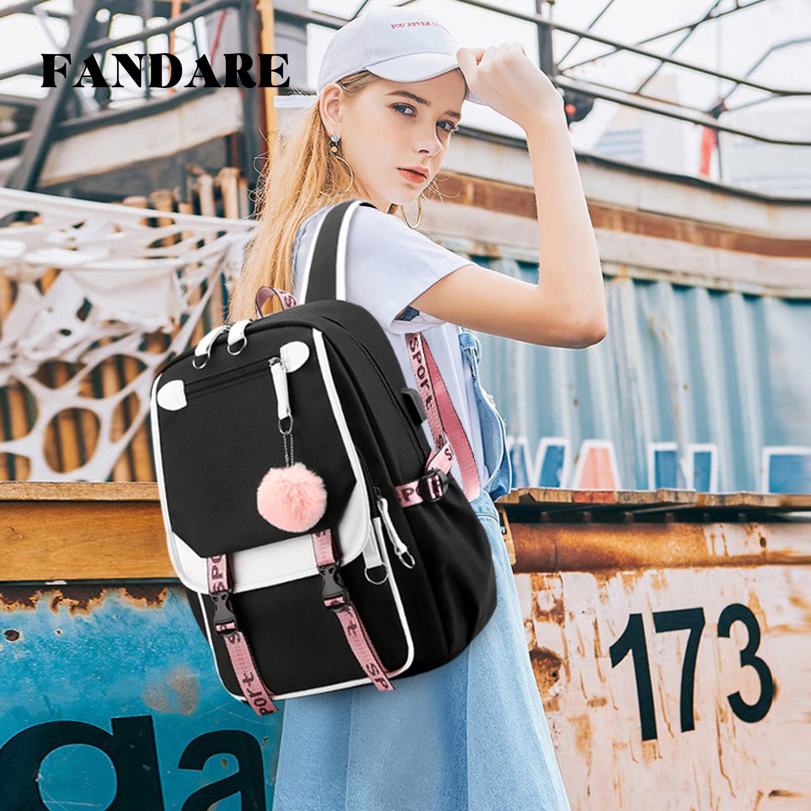 FANDARE Sac à Dos de Filles Sacs d'école Loisir Cartable Sacs Scolaires avec Port de Charge USB pour Femme Outdoor Voyage Achats Pique-Nique Campus Randonnée avec Pendentif Hair Ball Noir