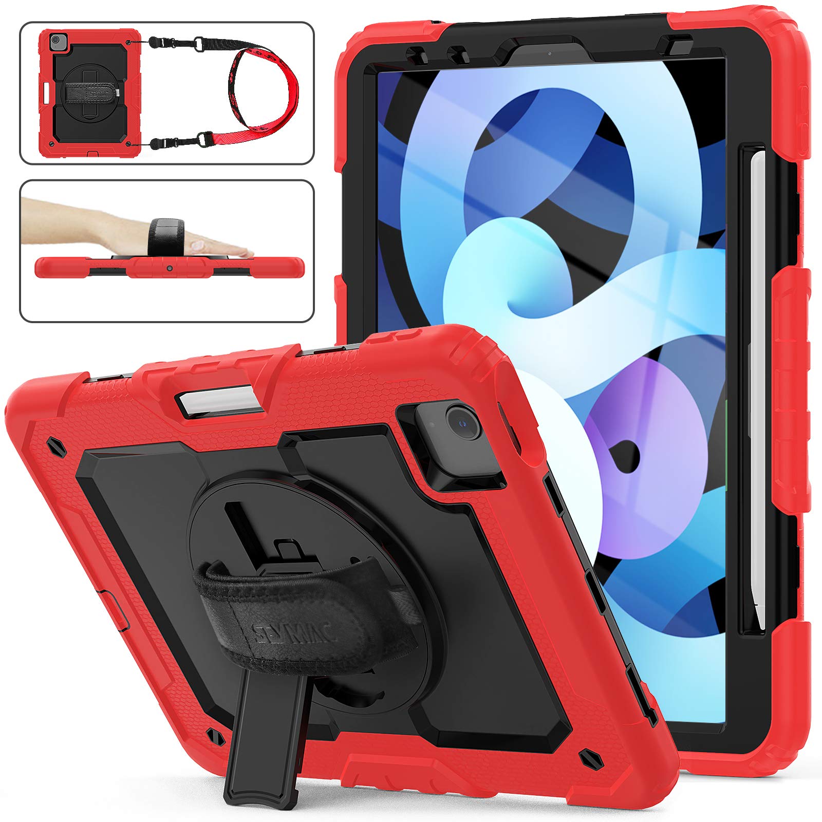 SEYMAC stock Case for iPad Air 5th/4th Generation/Pro 11 (4th/3rd/2nd) with Screen Protector Pen Holder, 360° Rotate Hand Strap/Stand Case for iPad