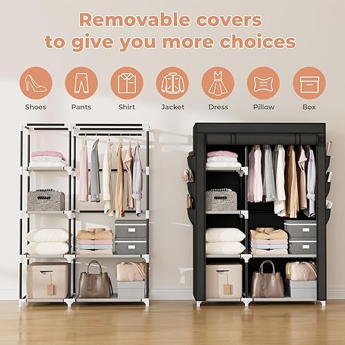 Miniatura 6 de VTRIN Armario portátil, 41.7 pulgadas de ancho para colgar ropa con 1 barra para colgar, 6 estantes, 6 bolsillos, perchero con funda, armario