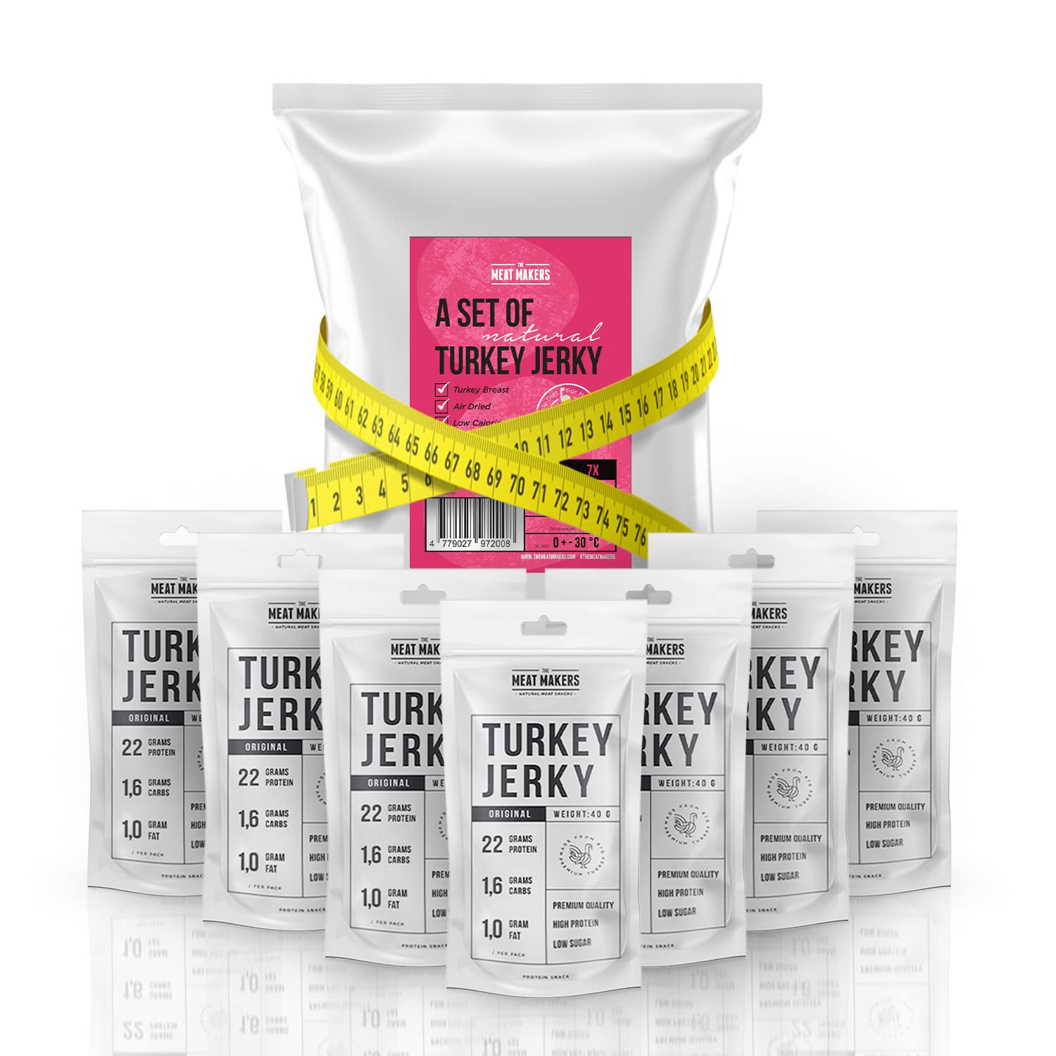 THE MEAT MAKERS 100% Turkey Jerky 7x40g Sostituto del frullato proteico ideale per l'ufficio, vita attiva, post allenamento. Carne Essiccata Snack Proteici, Jerky Chips, Carne Secca