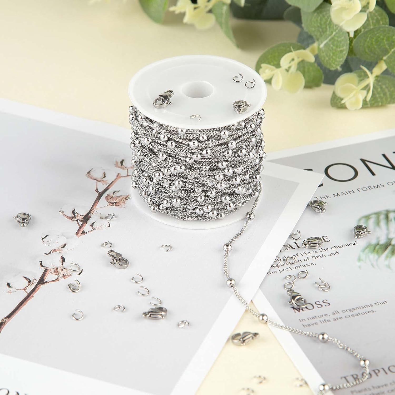 KYUNHOO 32.8 Feet/10M Silver Satellite Bead Chain 304 Stainless Steel Chain for Jewelry Making Women Necklace Chain Bulk DIY Crafts Jewelry Supplies with Lobster Clasps and Jump Rings - Image 5