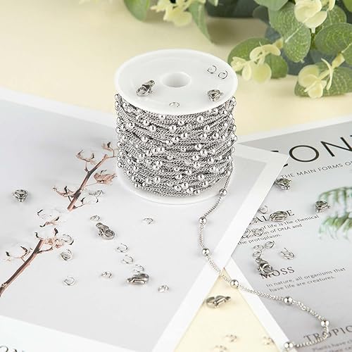 Miniatura 5 de KYUNHOO Cadenas de 32.8 pies para hacer joyas, cadena de acero inoxidable de plata a granel, collar de cadena fina para mujer, cadena de cable con