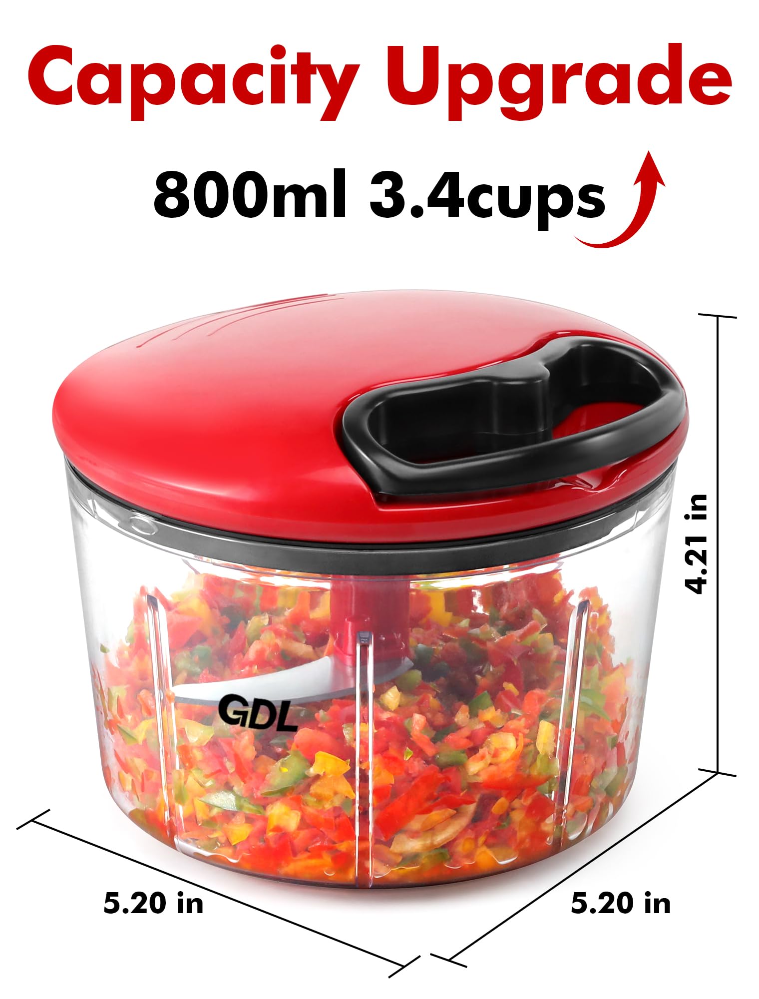 GDL Food Chopper, Pull Onion Chopper Dicer, Hand Powered Food Mincer, Fast Cutting Hand Chopper for Oinon, Garlic, Nut, 3.4 Cups 0.8L, Red
