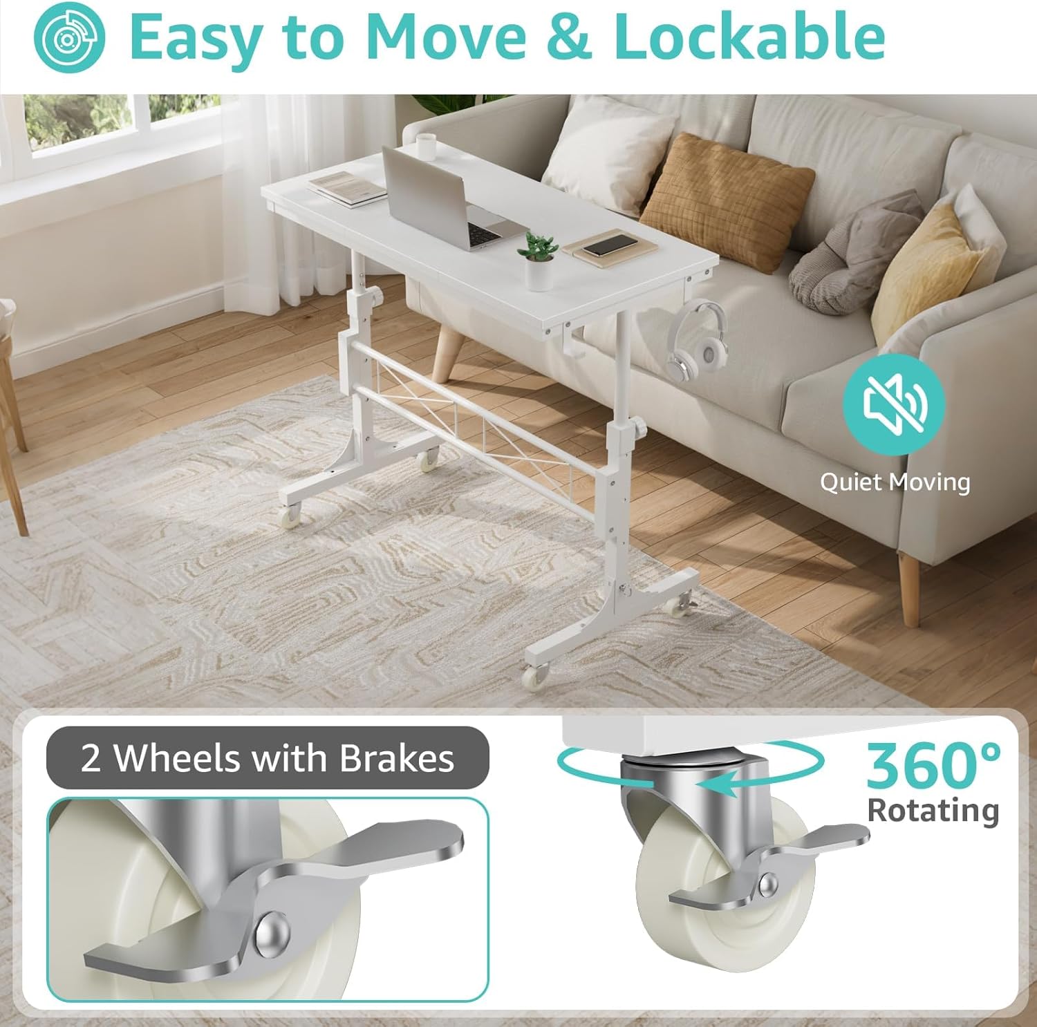 Small Portable Treadmill Walking Pad Desk on Wheels, 32 Inch White Adjustable Height Mobile Rolling Standing Teacher Desks, Couch Sofa Side Laptop Stand Up Table for Bedroom, White - Image 6