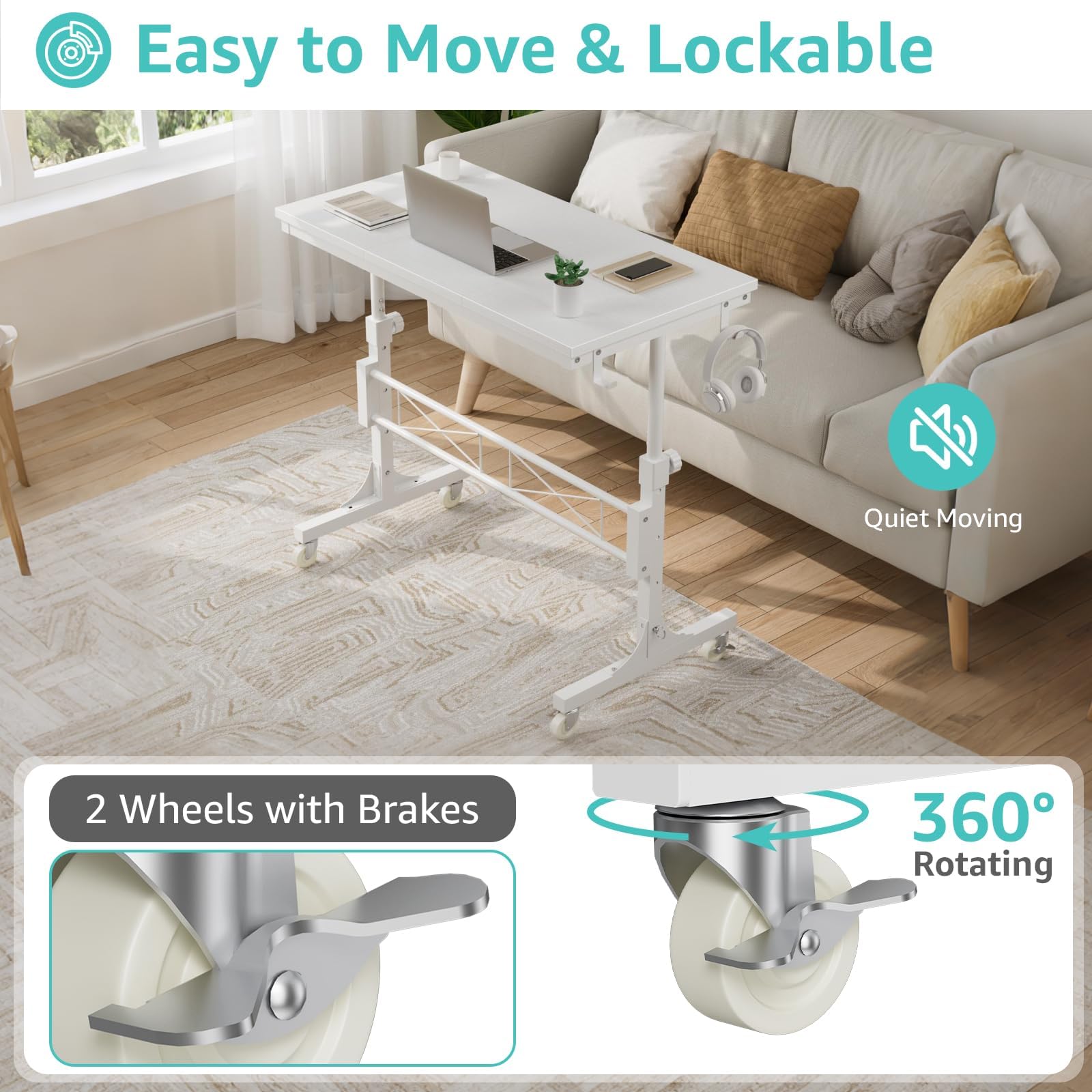 Small Portable Treadmill Walking Pad Desk on Wheels 32 Inch White Adjustable Height Mobile Rolling Standing Teacher Desks — view 6