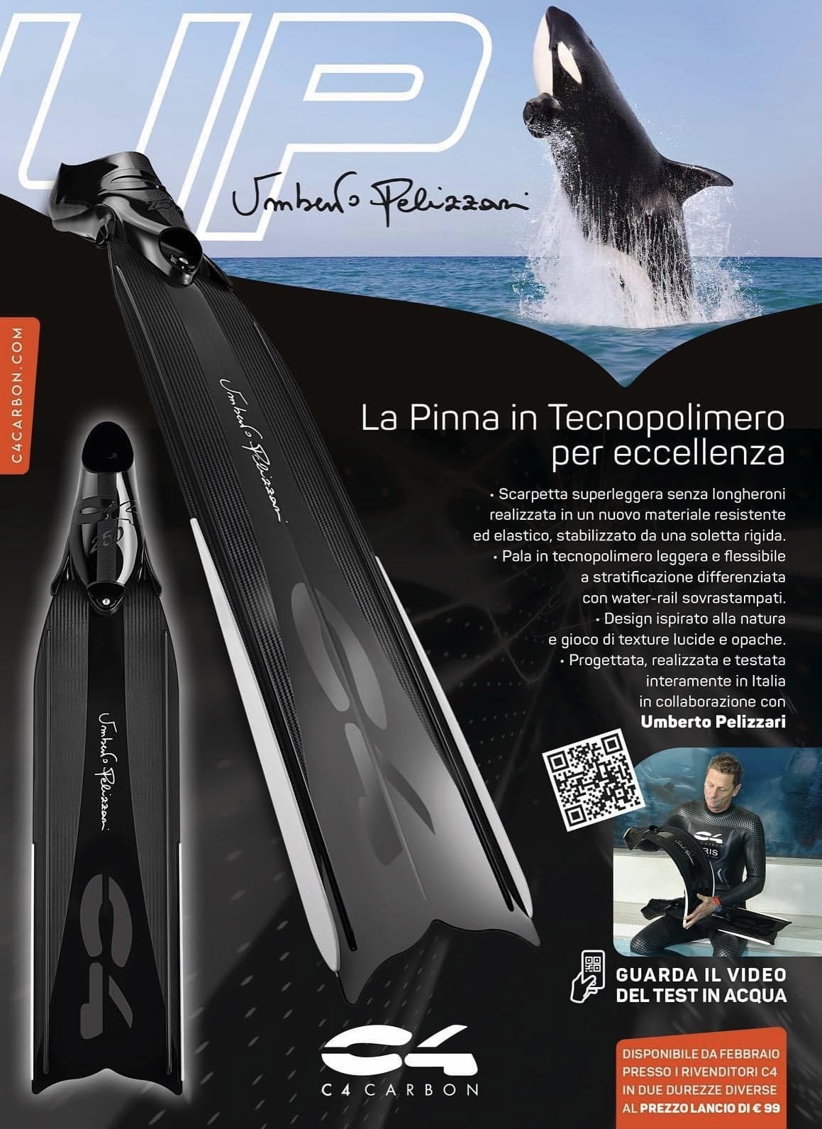 Pinne Umberto Pelizzari C4 – Pala Soft e Pala Medium in Tecnopolimero con Scarpetta 250 Apnea Pesca Subacquea