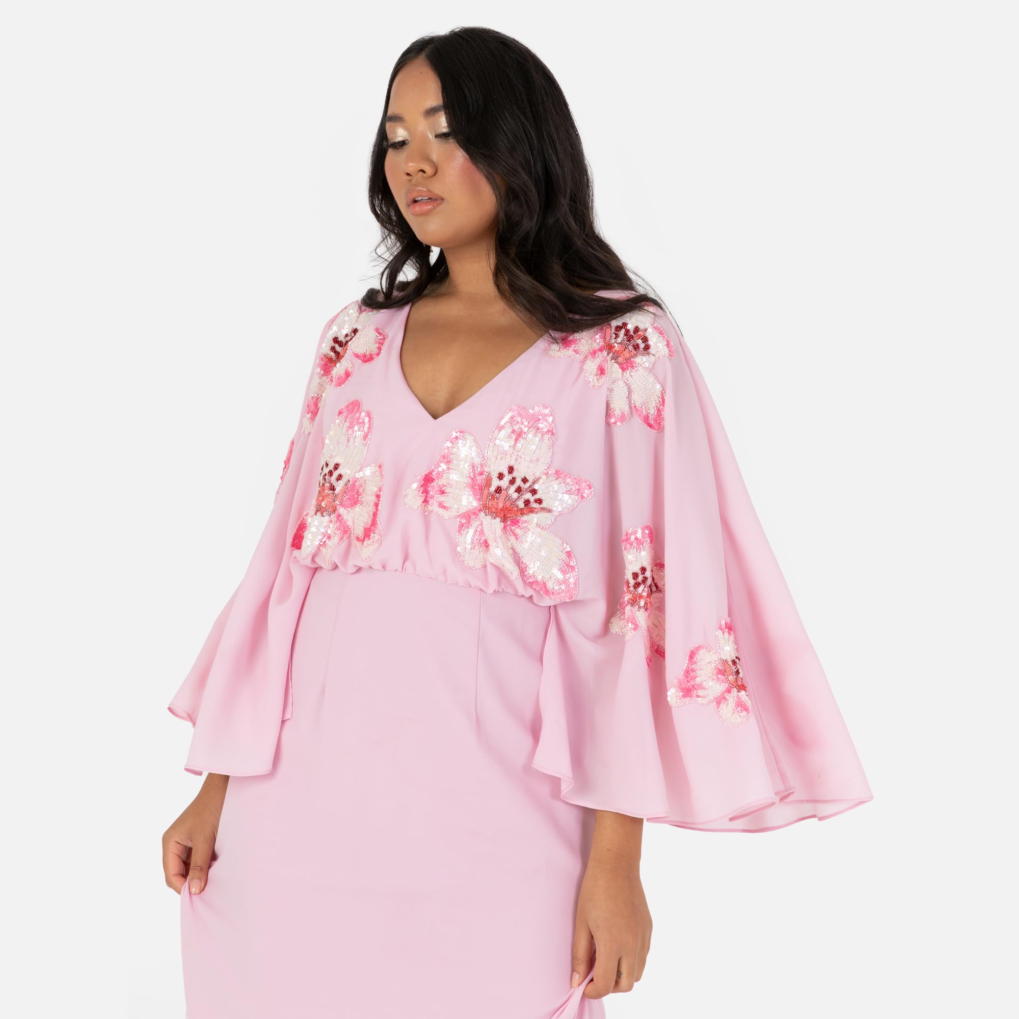 Maya Deluxe Women's Maxi Dress Ladies V-Neck Long Cape Sleeve Floral Sequin Embellished A-Line for Wedding Guest Evening Occasion Vestito Donna