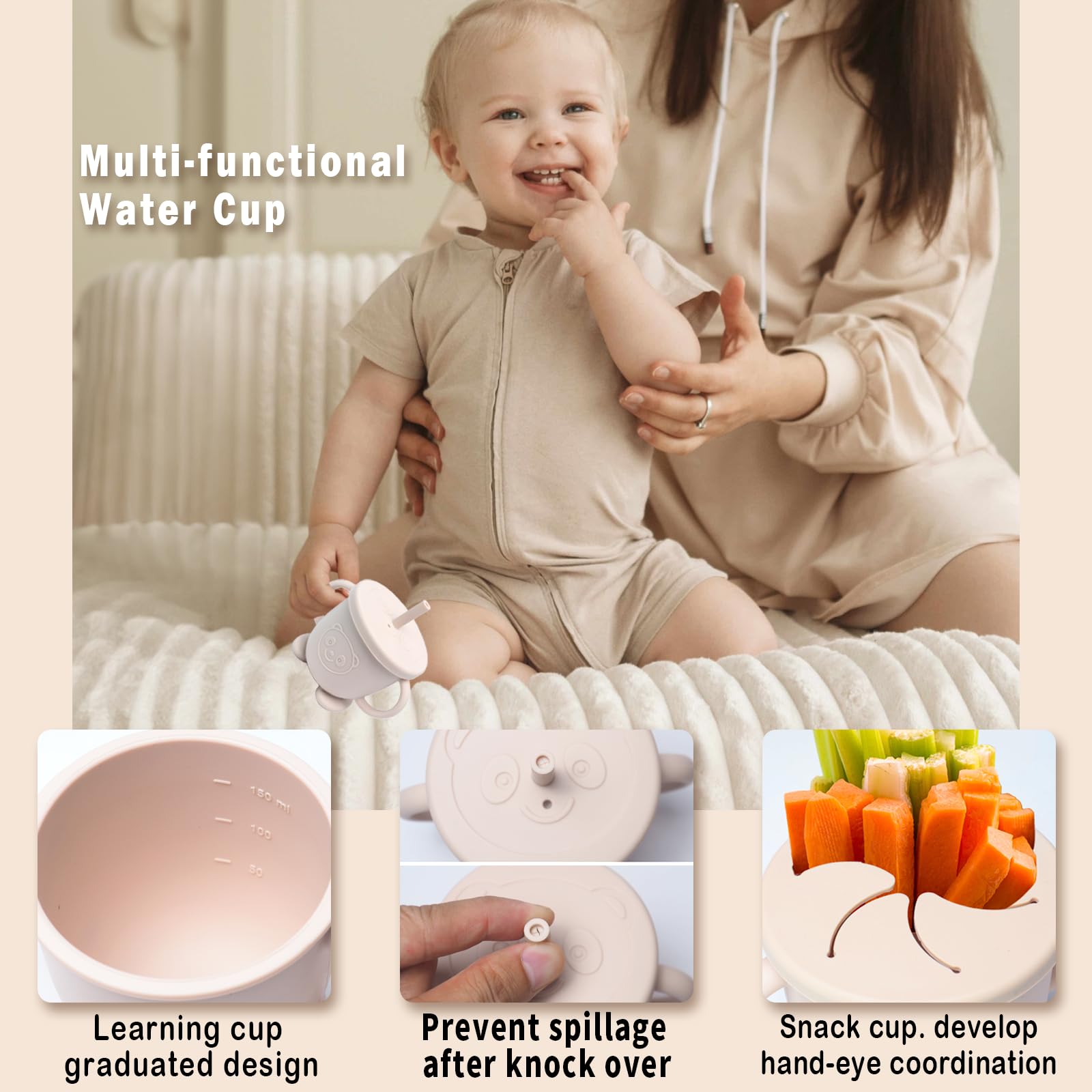10 Pièces Coffret Repas Bebe Silicone, Assiette bebe Set Vaisselle Assiette ventouse pour bébé, Bavoir Silicone Bebe, fourchettes, Enfant Set Couverts Vaisselle Pour Sevrage Manger (Beige)
