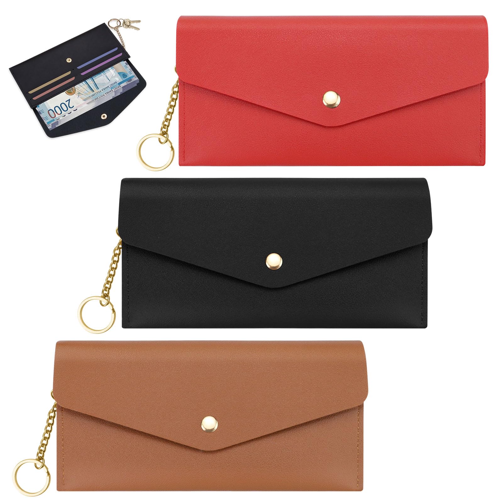 Diakey 3 PCS Cash Wallet, 2-Tier Reusable Cash Envelope Wallet with 4 Credit Card Slots for Men Women, Leather Money Bag Pouch Organizer for Check Billing, Brown Black Red