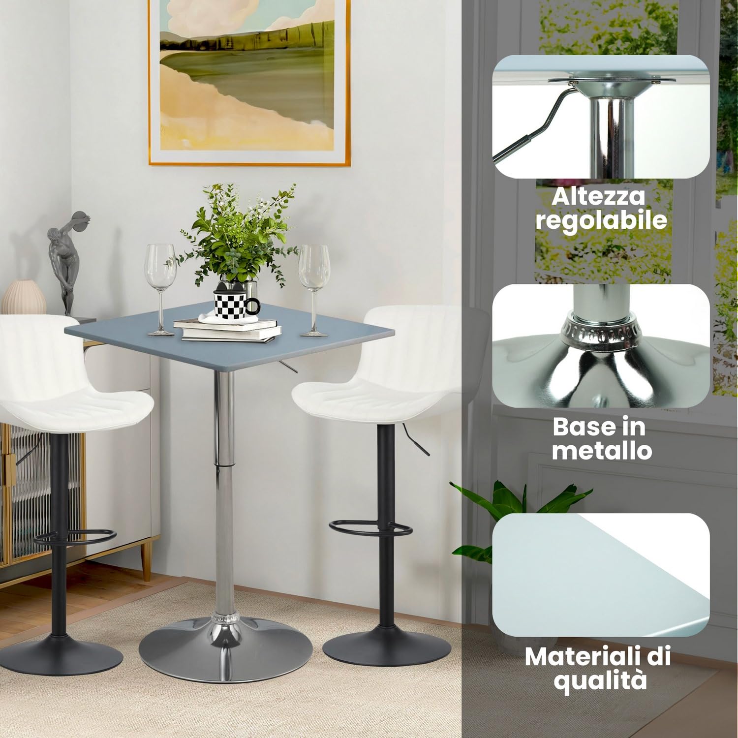 Brigros WeHome - Mesa de Bar, Mesa Alta, Mesa de salón Ajustable en Altura, Mesa Cuadrada o Mesa Redonda, Mesa de Cocina (Gris, Cuadrado)