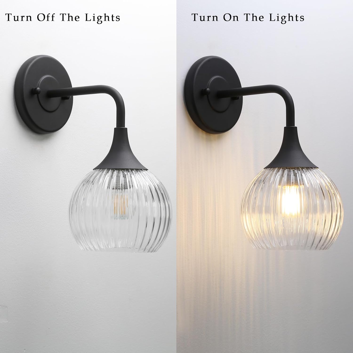Phansthy Hardwired Modern Wall Sconces, Retro Industrial Wall Lamps, Bathroom Vanity Sconces Wall Lighting with Striped Glass Shade for Bedroom Living Room Corridor Kitchen (Black + Clear Shade)