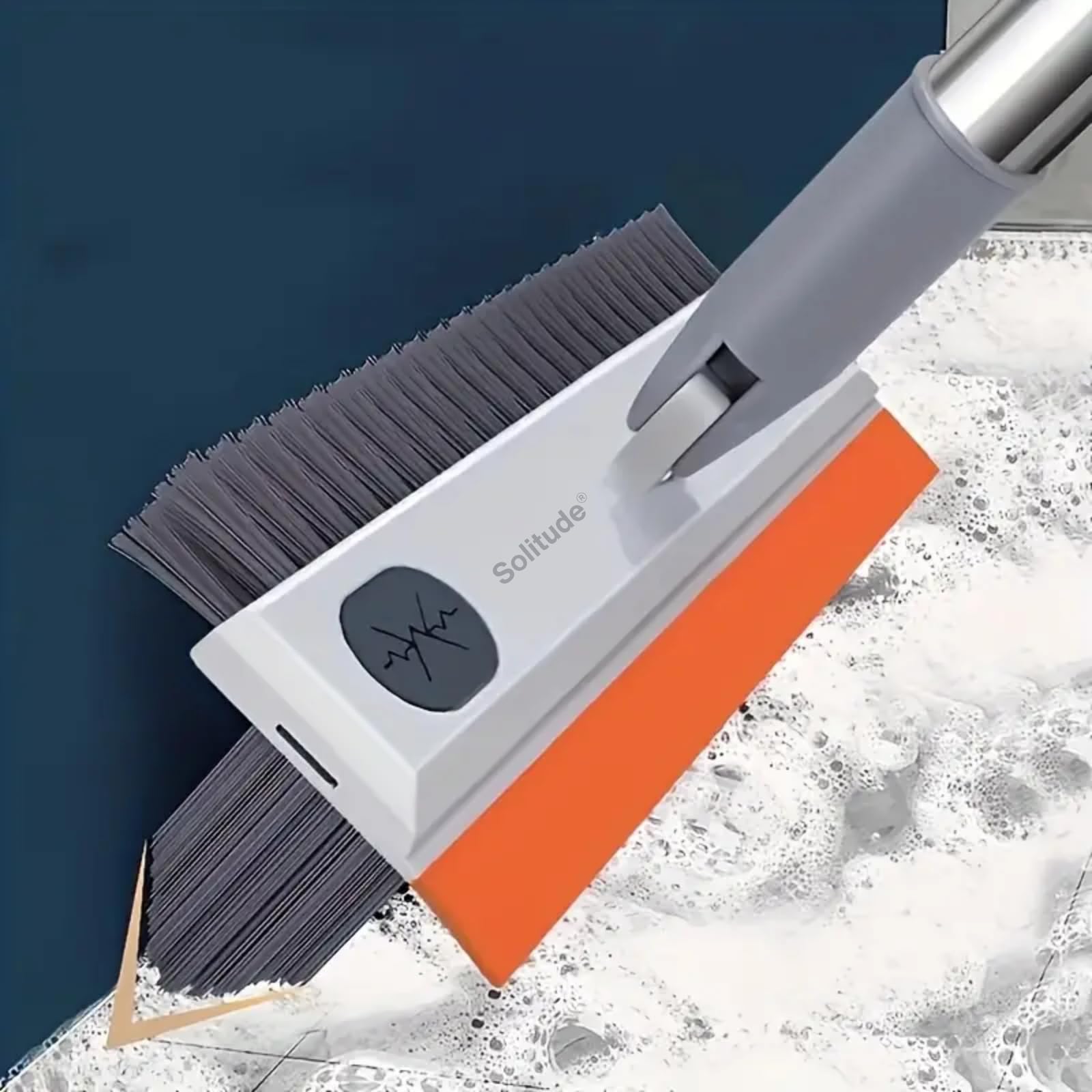Solitude Heavy Duty 3-in-1 Bathroom Cleaning Brush with Wiper | V-Shaped Bristles, 180° Rotating Head, Long Handle Cleaning Tool | Floor Scrub Brush for Tiles, Wall, Toilet Corners, Glass & Kitchen