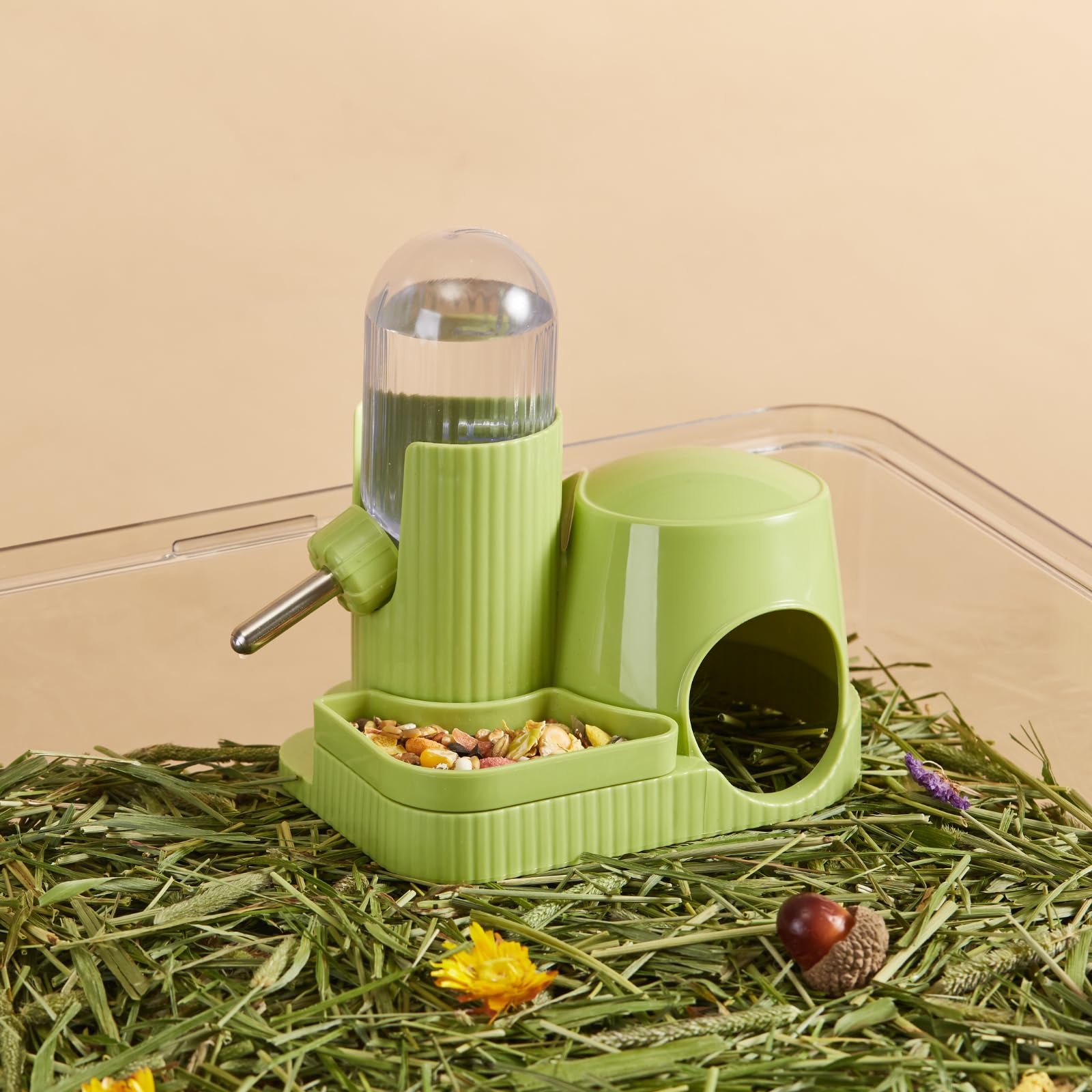 Bebedero 3en1 para Hámster Dispensador Automático Antifugas con Comedero y Base Escondite para Gerbil Rata Hámster Enano Ratón (Verde, 100ml) — view 7