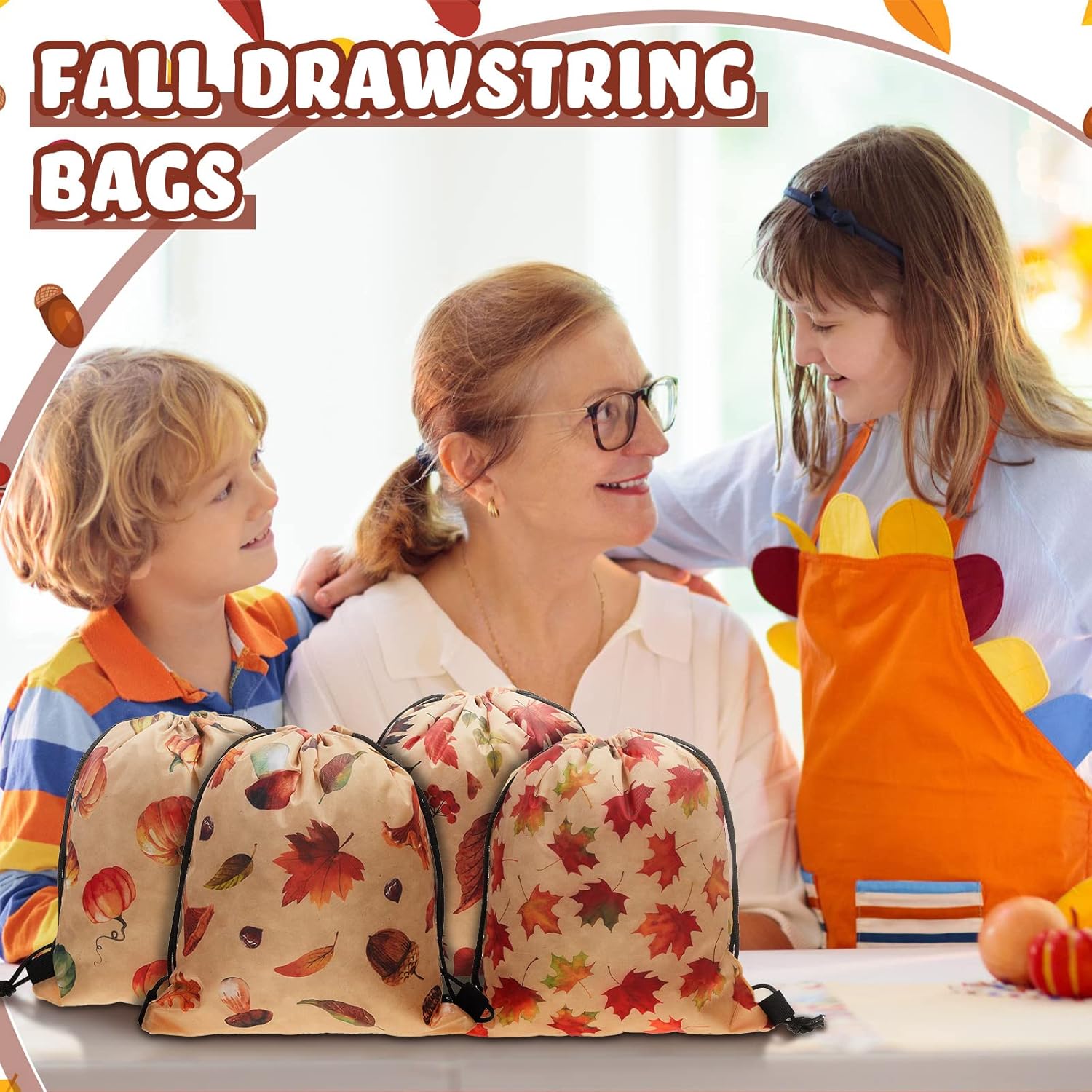 12 Pcs Thanksgiving Fall Gift Bags with Drawstring Polyester Fall Treat Bags Maple Leaves Sunflowers Nuts Pumpkin Goodie Bags for Kid Candy Grocery Party Favor Wedding Birthday Bridal Shower, 6 Design - Image 5