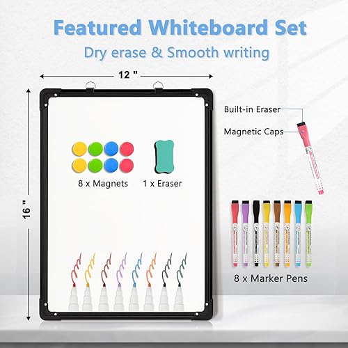 Miniatura 5 de Pizarra blanca magnética, pizarra de borrado en seco de doble cara de 24 x 18 pulgadas, marco de aluminio negro para pared, pizarra blanca colgante,