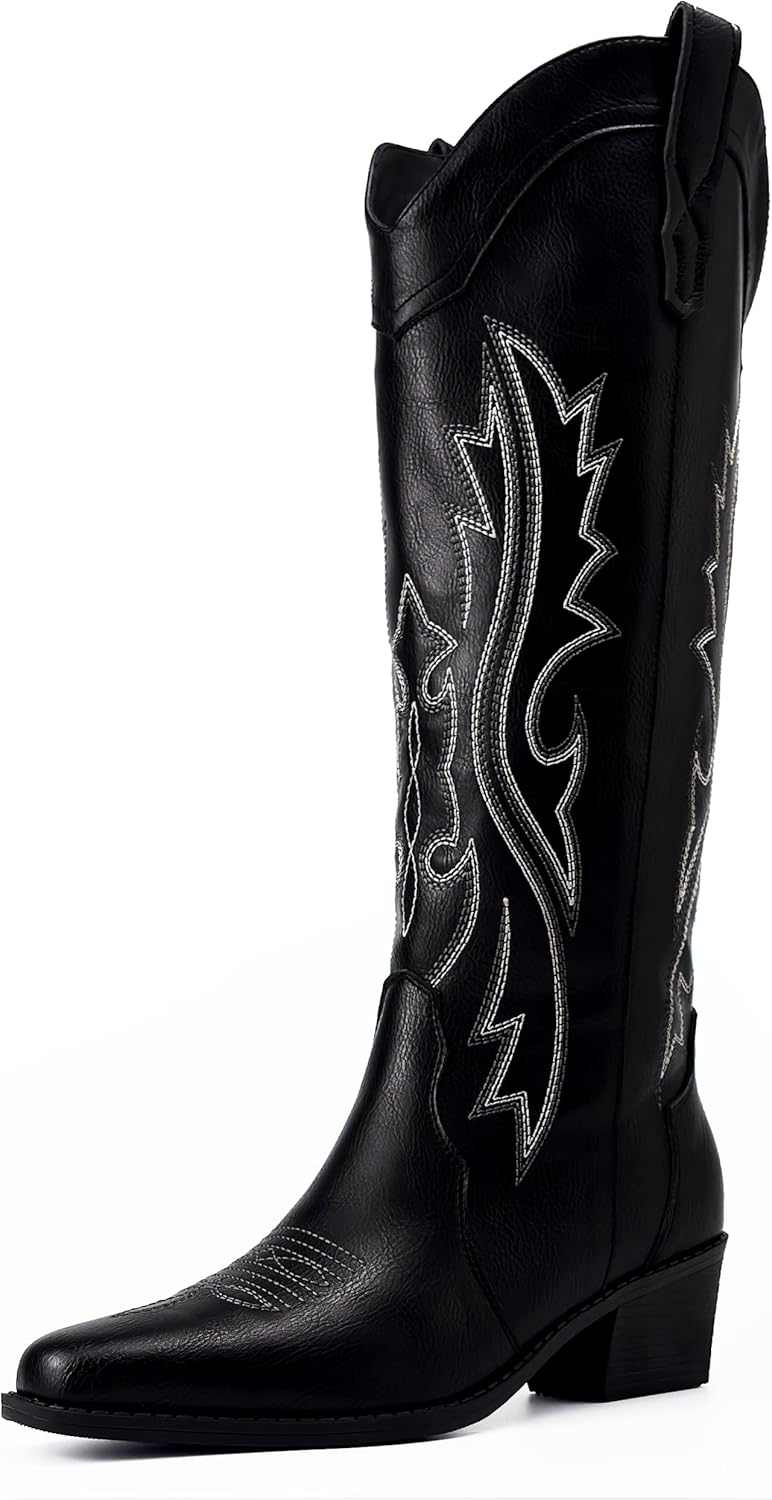 Cowboy Boots Women Knee High Cowgirl Boots for Women Wide Calf Square Toe Chunky Heel Embroidered Western Black Boots Pull On Fashion Retro Classic Vintage Tall Boots for Ladies, Breathable