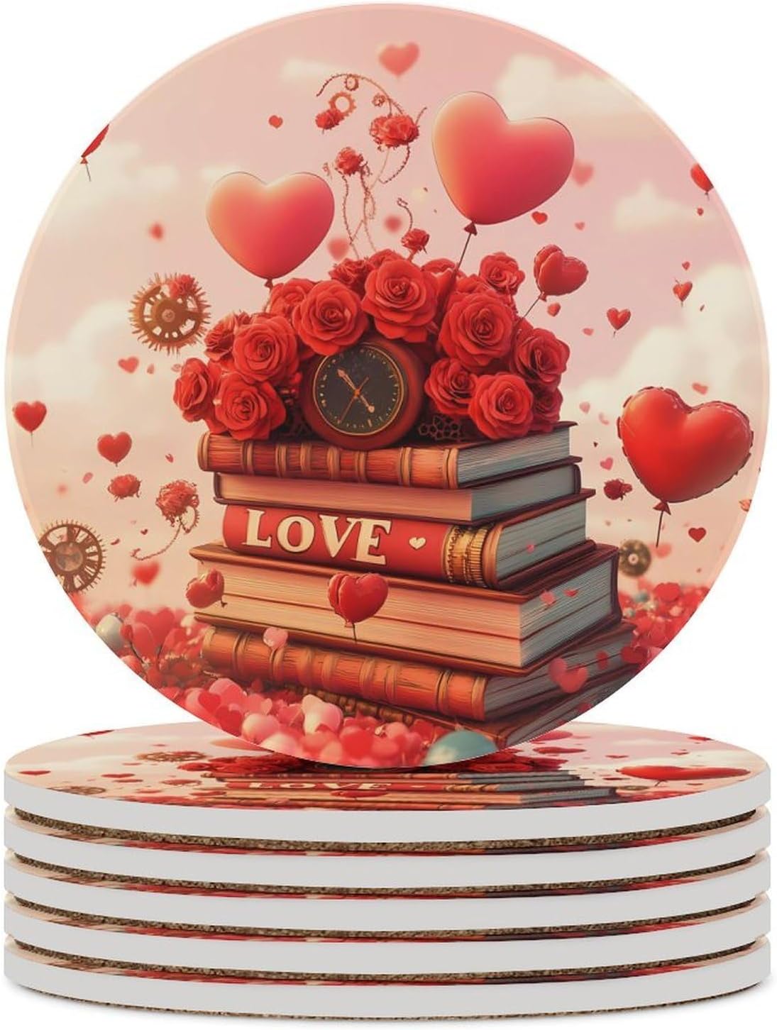 Valentines Love Books Roses Ballons Round Ceramic Coasters for Drinks Absorbent Cup Holder Tabletop Protector with Cork Base