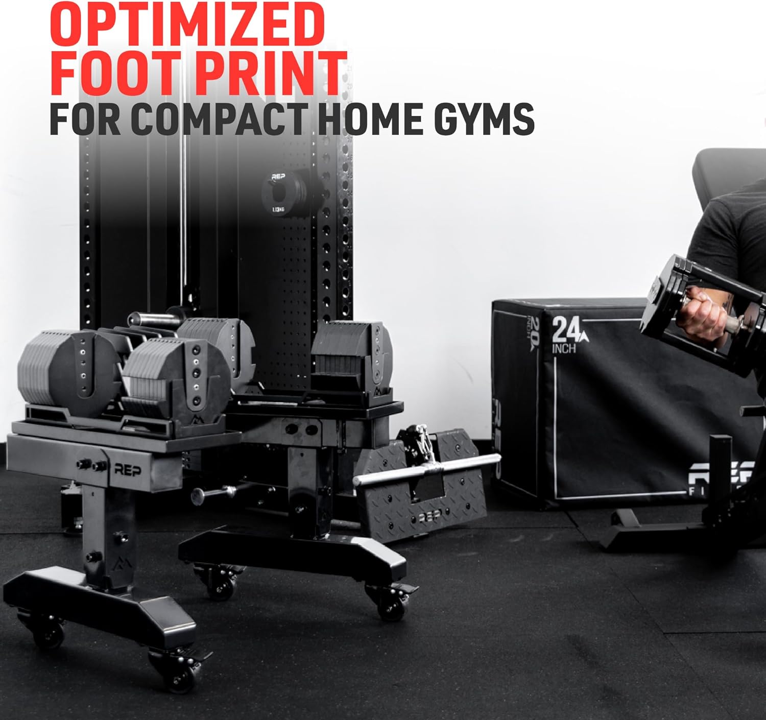 REP Fitness Dumbbell Storage Rack, Compatible with Quickdraw, Adjustable Weight Stand for Dumbbells, Plates, and Barbells, Compact Home Gym Organizer Racking