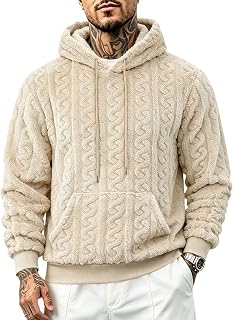 Mens Cable Fuzzy Hoodies Long Sleeve Drawstring Warm Hooded Sweatshirt