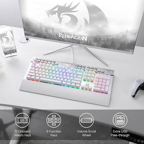 Redragon K550 RGB Gaming Keyboard, 104 Keys + 12 Macro G Keys Wired Mechanical Keyboard w/Hot-Swap Socket, Custom Clicky Purple Switch, Extra USB Port & Wrist Rest